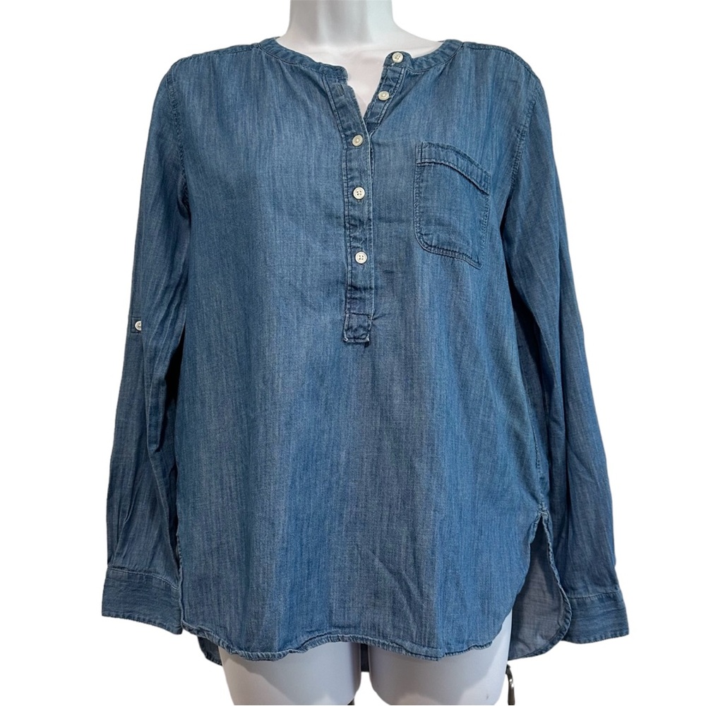 Ann Taylor LOFT Blue Collarless Chambray The Softened Shirt